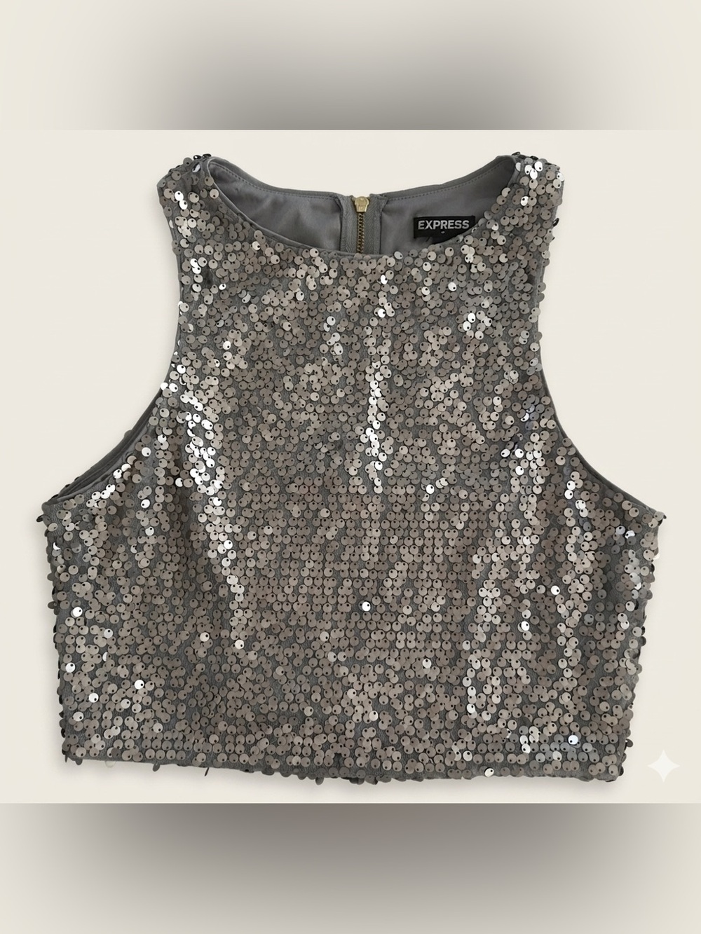 Express Sequin Crop Tank Top Gray Silver Metallic Sleeveless Back Zip Shimmer S